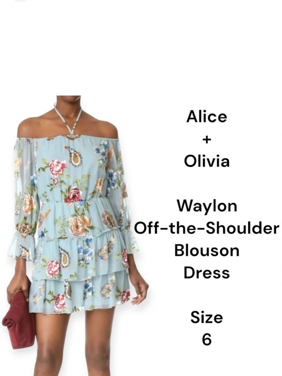 Alice + Olivia Aqua Multicolor floral Waylon Off-the-Shoulder Blouson Dress sz 6
